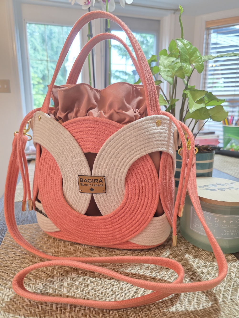💗🤍Coral & Cream Rope Tote Bag - Handmade By Me In Canada
